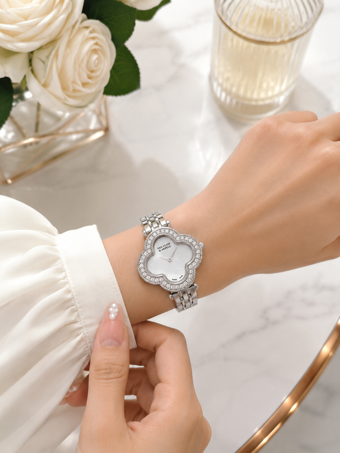 Van Cleef Crystal Bracelet Watch – Mother-of-Pearl Dial