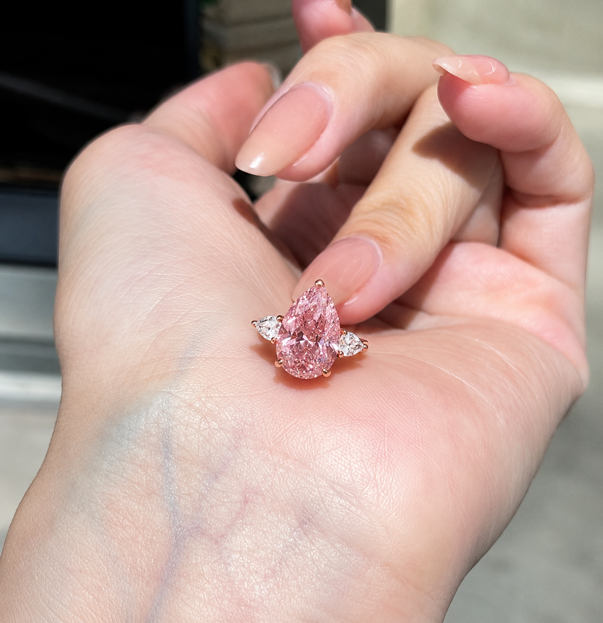 Rosé Majesty Pear Pink Three-Stone Ring