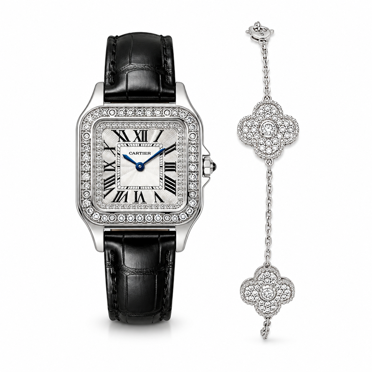 Luxury Diamond Square Leather Watch – Black Crocodile Edition