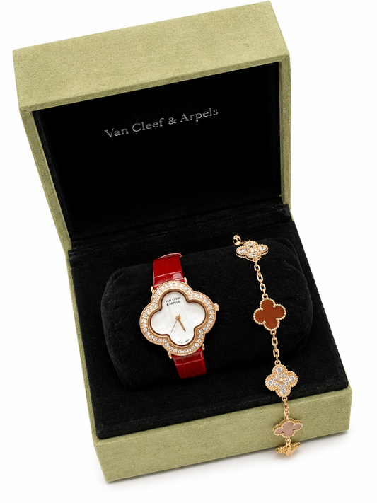Lucky Clover Diamond Leather Watch & Bracelet Set