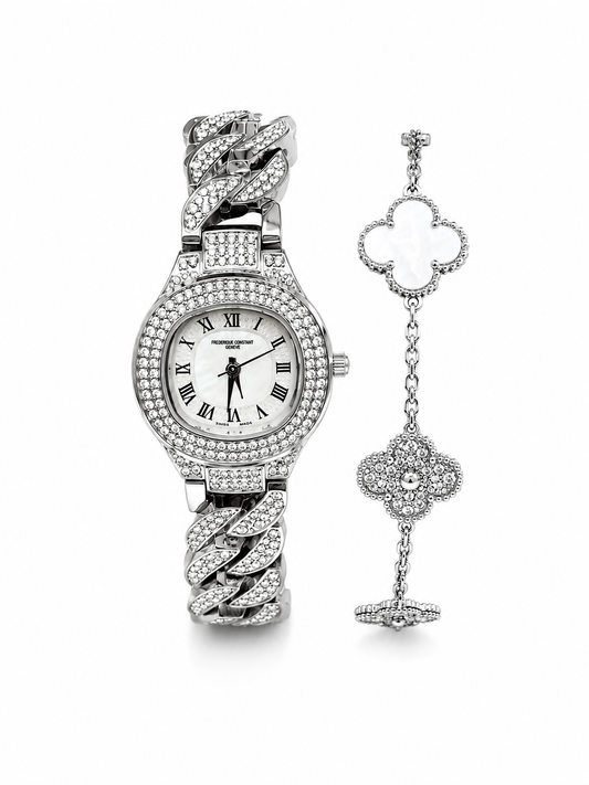 Luxury Crystal Watch & Clover Bracelet Set – Silver Edition