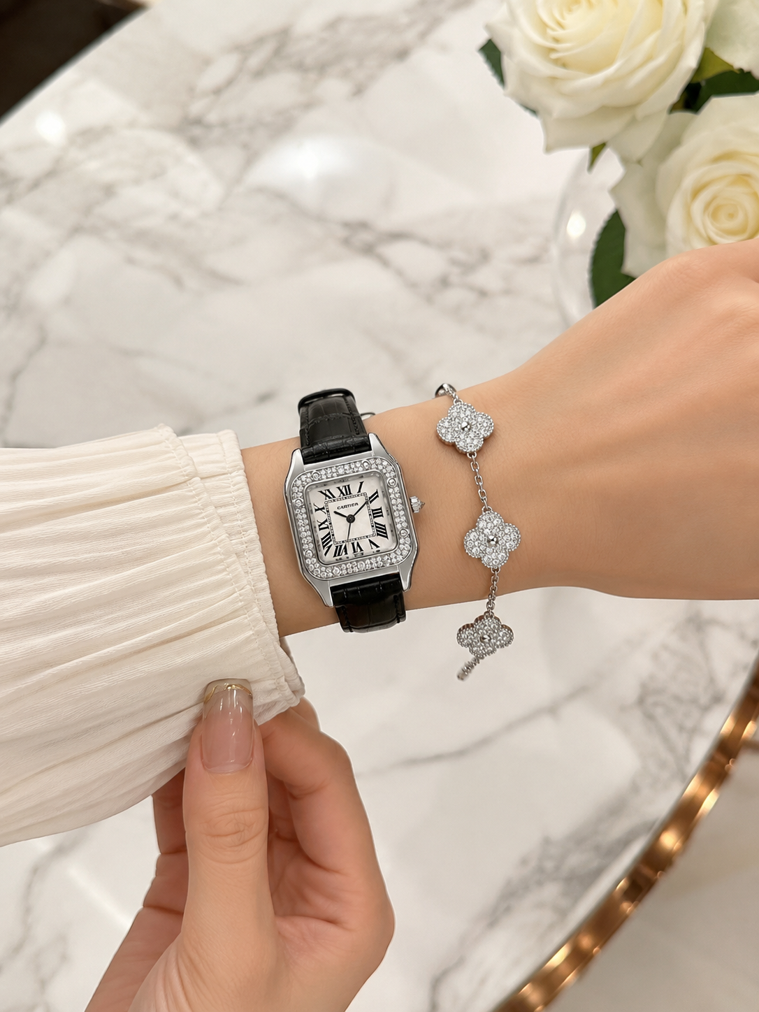 Diamond Bezel Leather Watch Set – Silver Edition