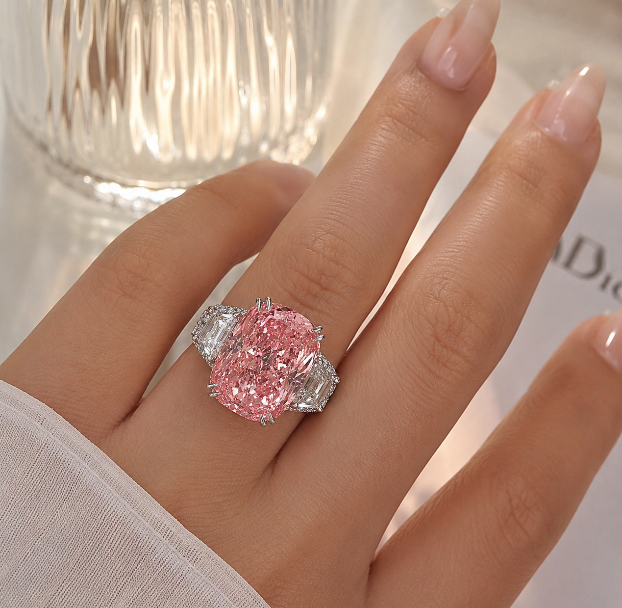 Royal Blush Pink Statement Ring – Luxury Diamond-Look Cocktail Ring