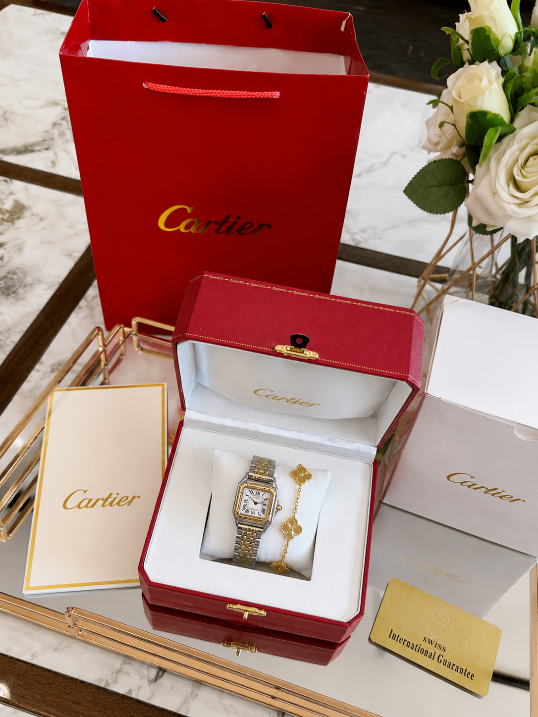 Luxury Panther Square Watch – Silver & Gold Diamond Bezel