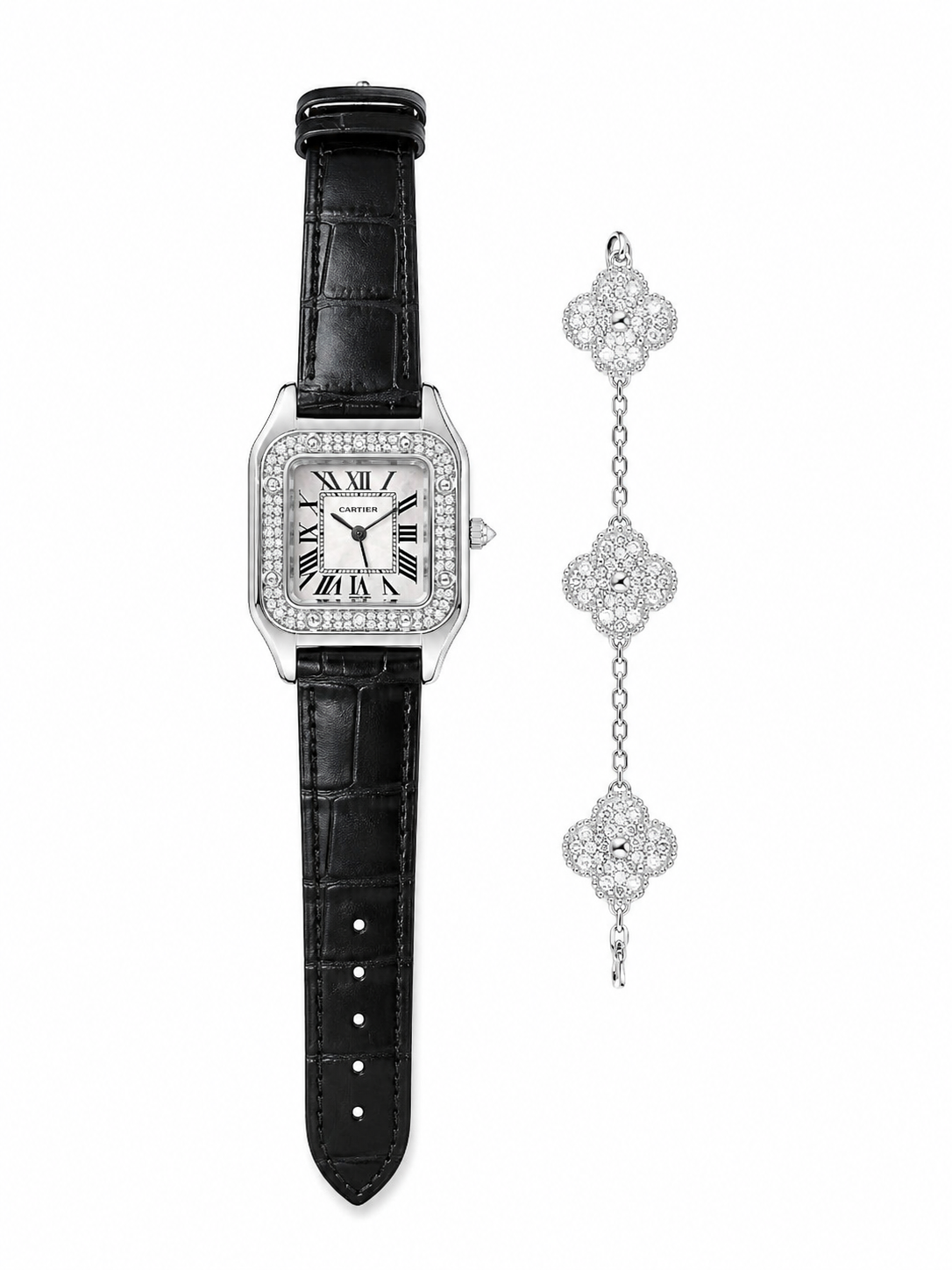 Diamond Bezel Leather Watch Set – Silver Edition