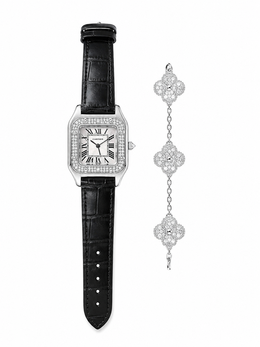 Diamond Bezel Leather Watch Set – Silver Edition