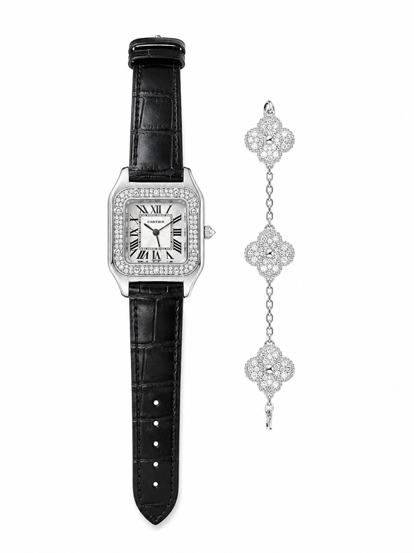 Diamond Bezel Leather Watch Set – Silver Edition