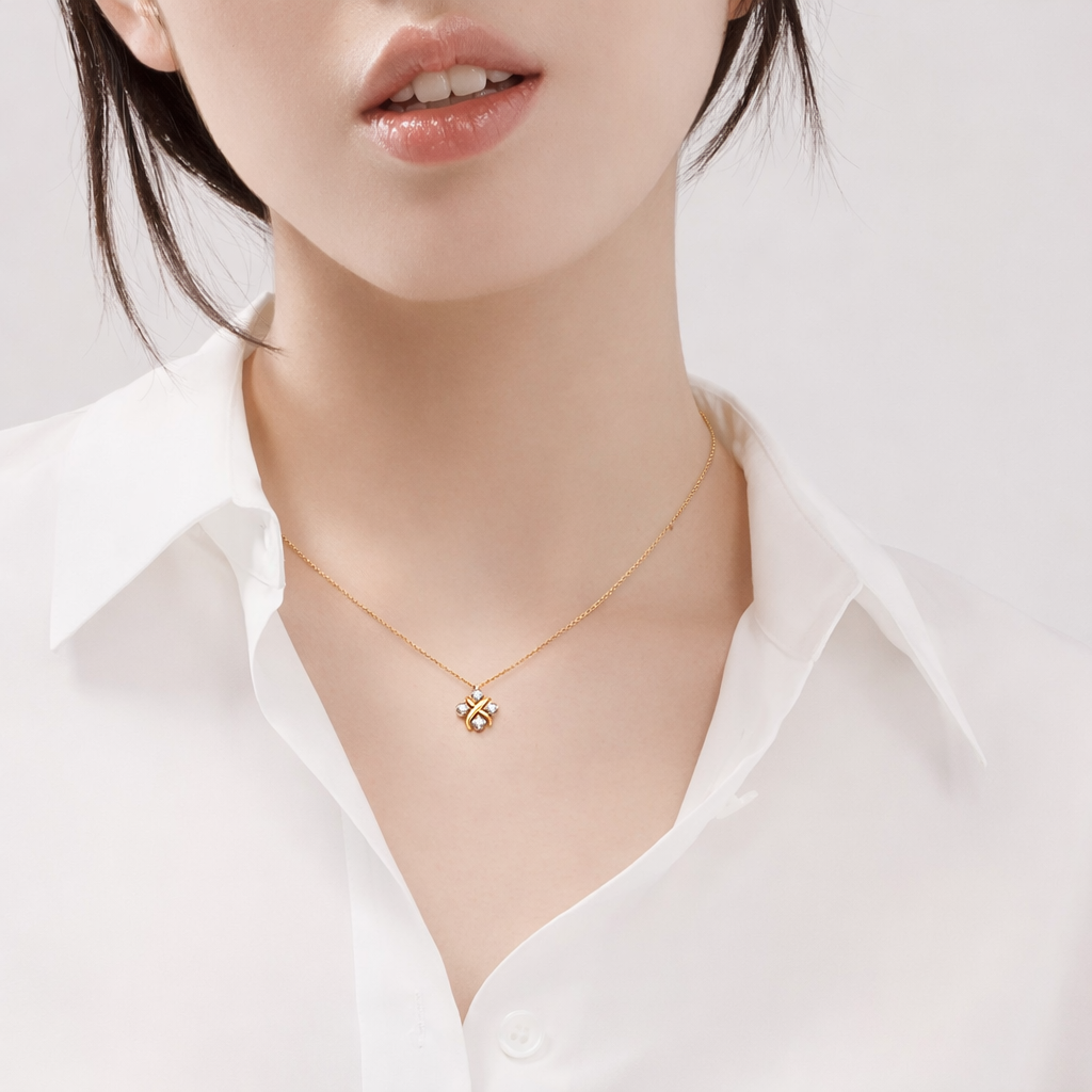 18K Thick Gold Plated Diamond Flower Necklace