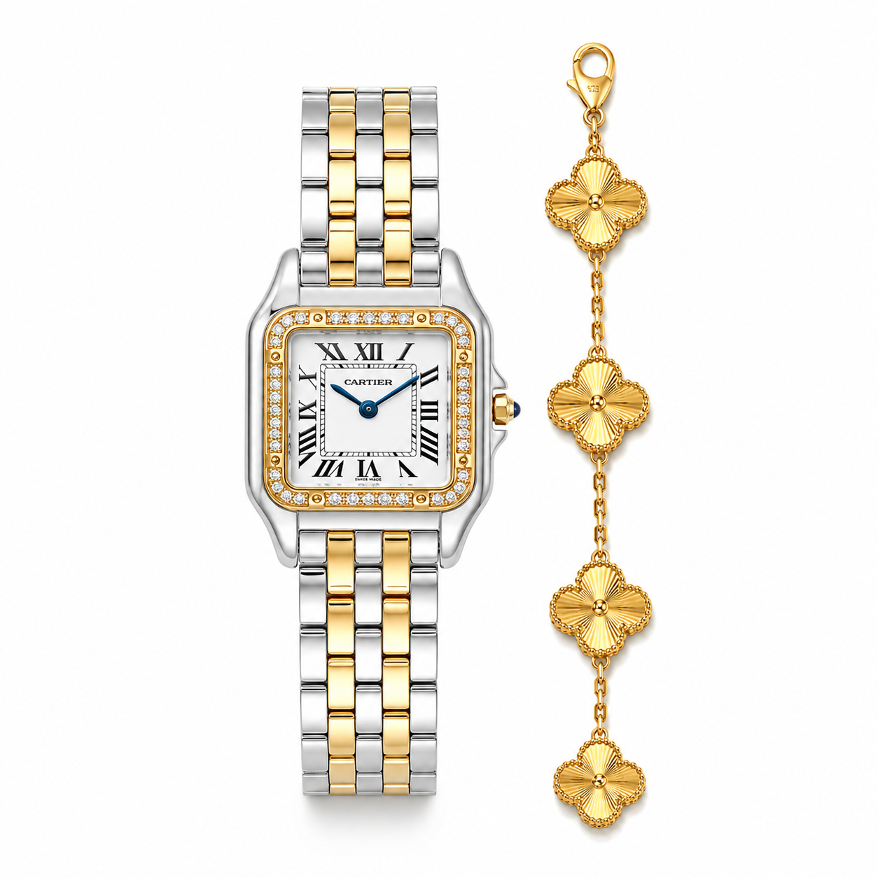 Luxury Panther Square Watch – Silver & Gold Diamond Bezel