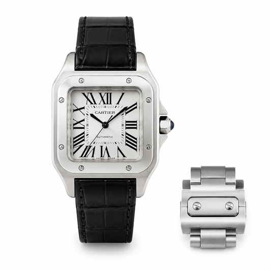 Luxury Santos Leather Watch – Black Crocodile Strap