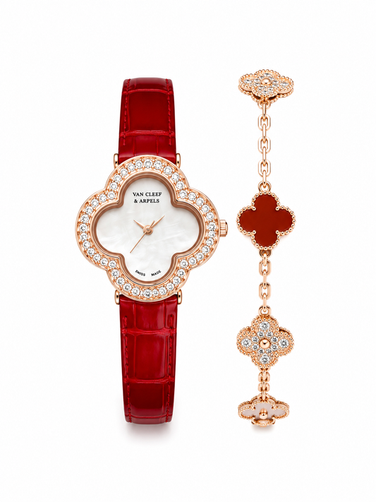 Lucky Clover Diamond Leather Watch & Bracelet Set