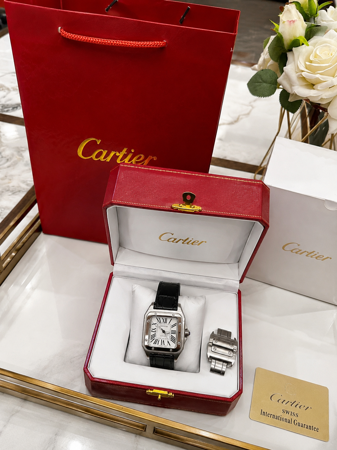 Luxury Santos Leather Watch – Black Crocodile Strap