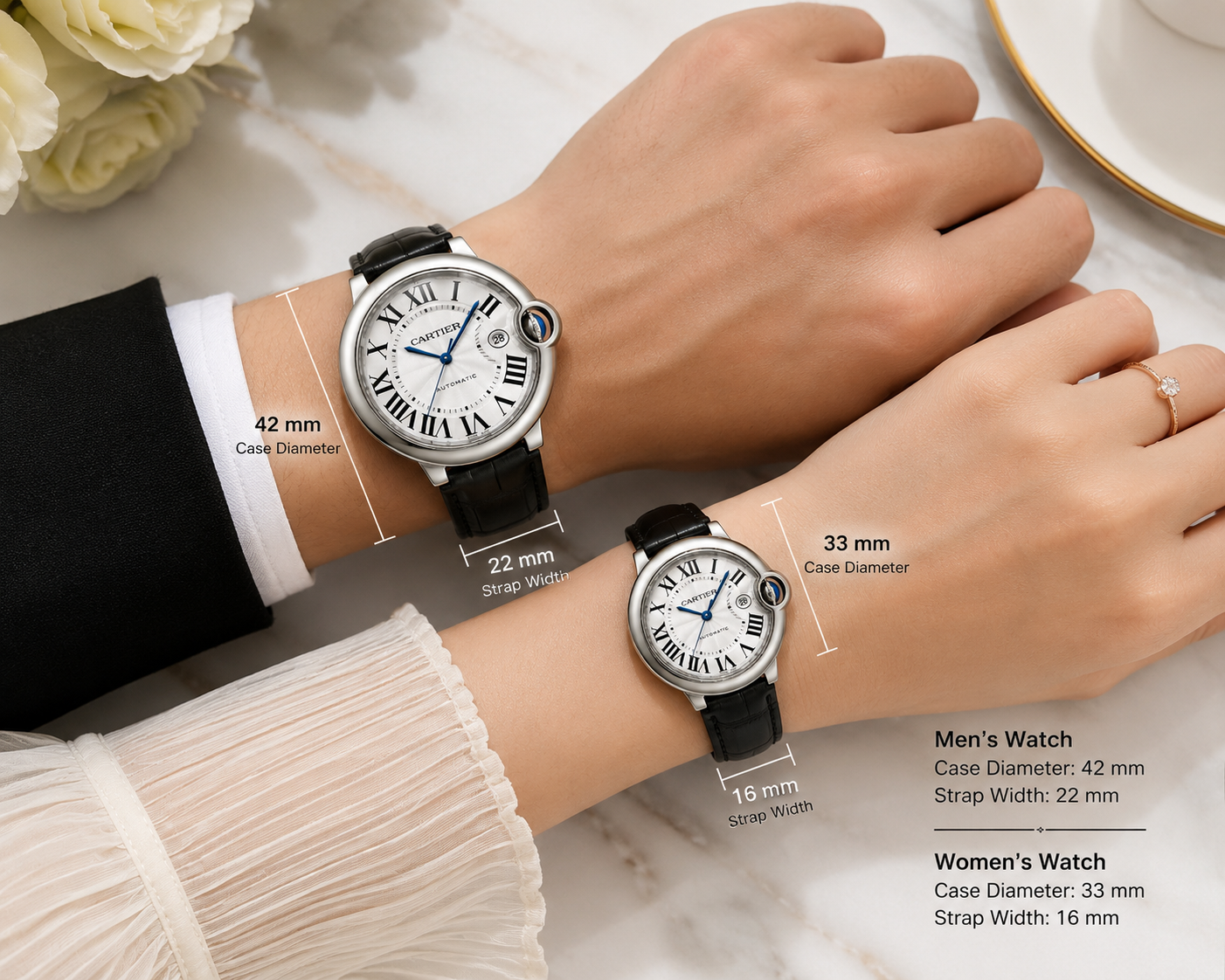 Luxury Couple Classic Leather Watch Set – Black Crocodile Leather