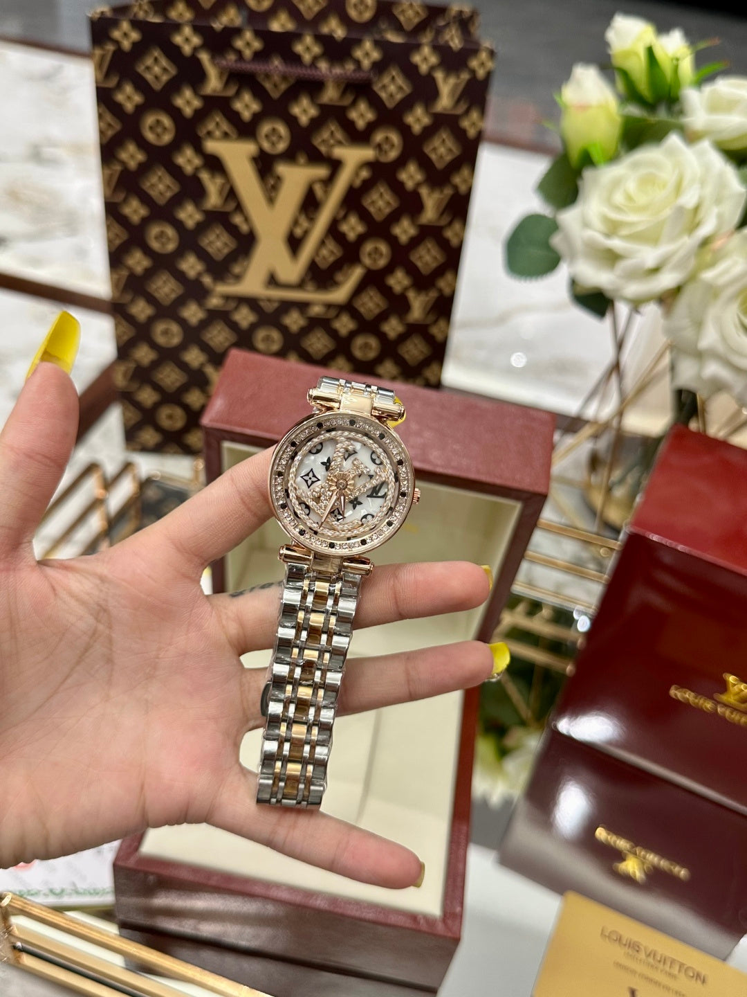 Tambour Monogram Diamond Watch – Rose Gold Two-Tone Bracelet