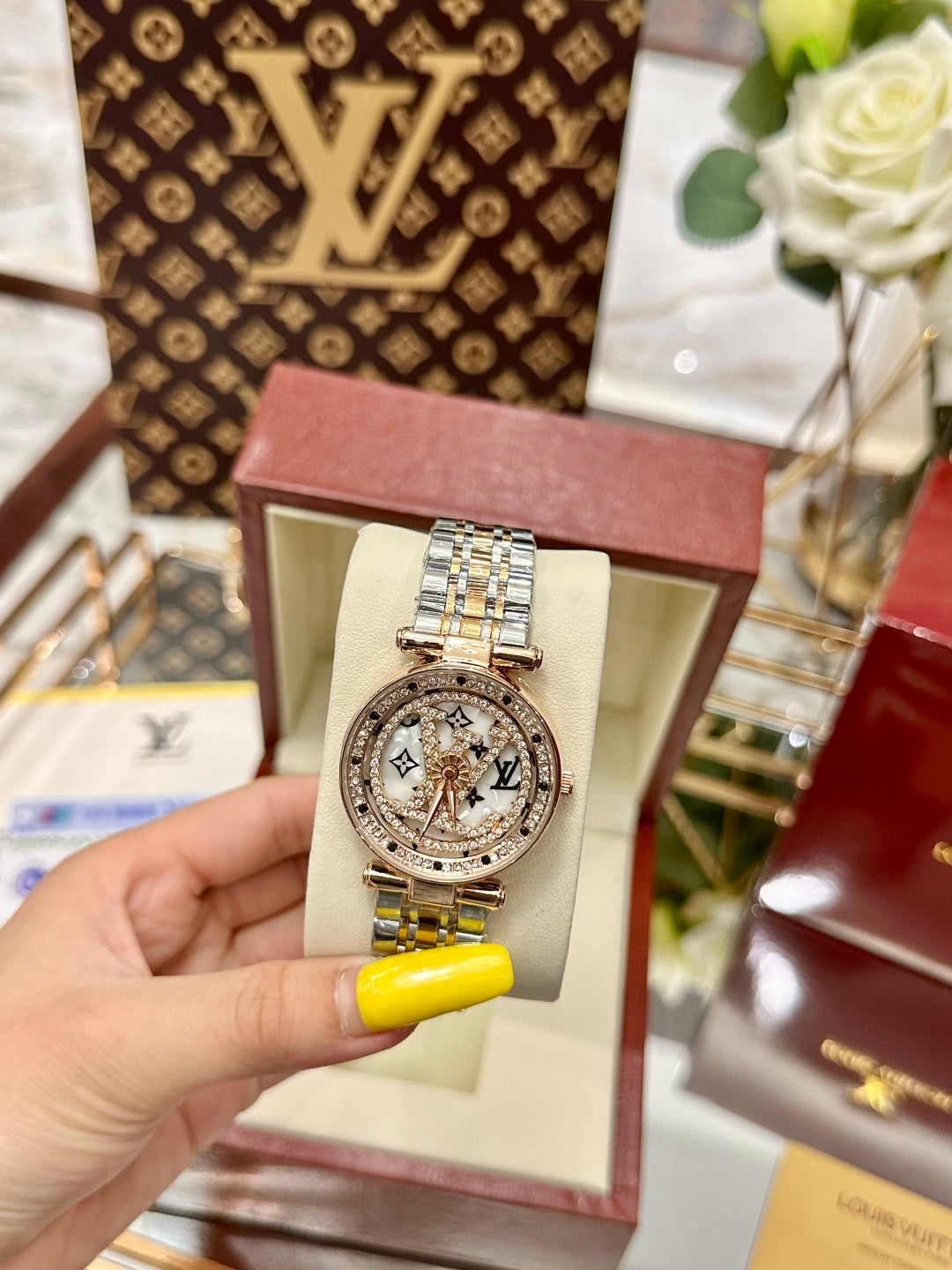 Tambour Monogram Diamond Watch – Rose Gold Two-Tone Bracelet