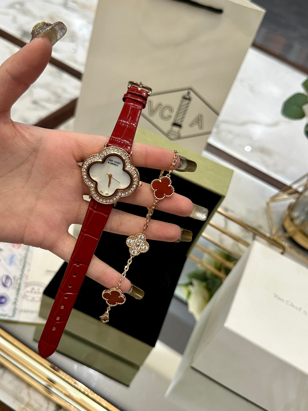 Lucky Clover Diamond Leather Watch & Bracelet Set
