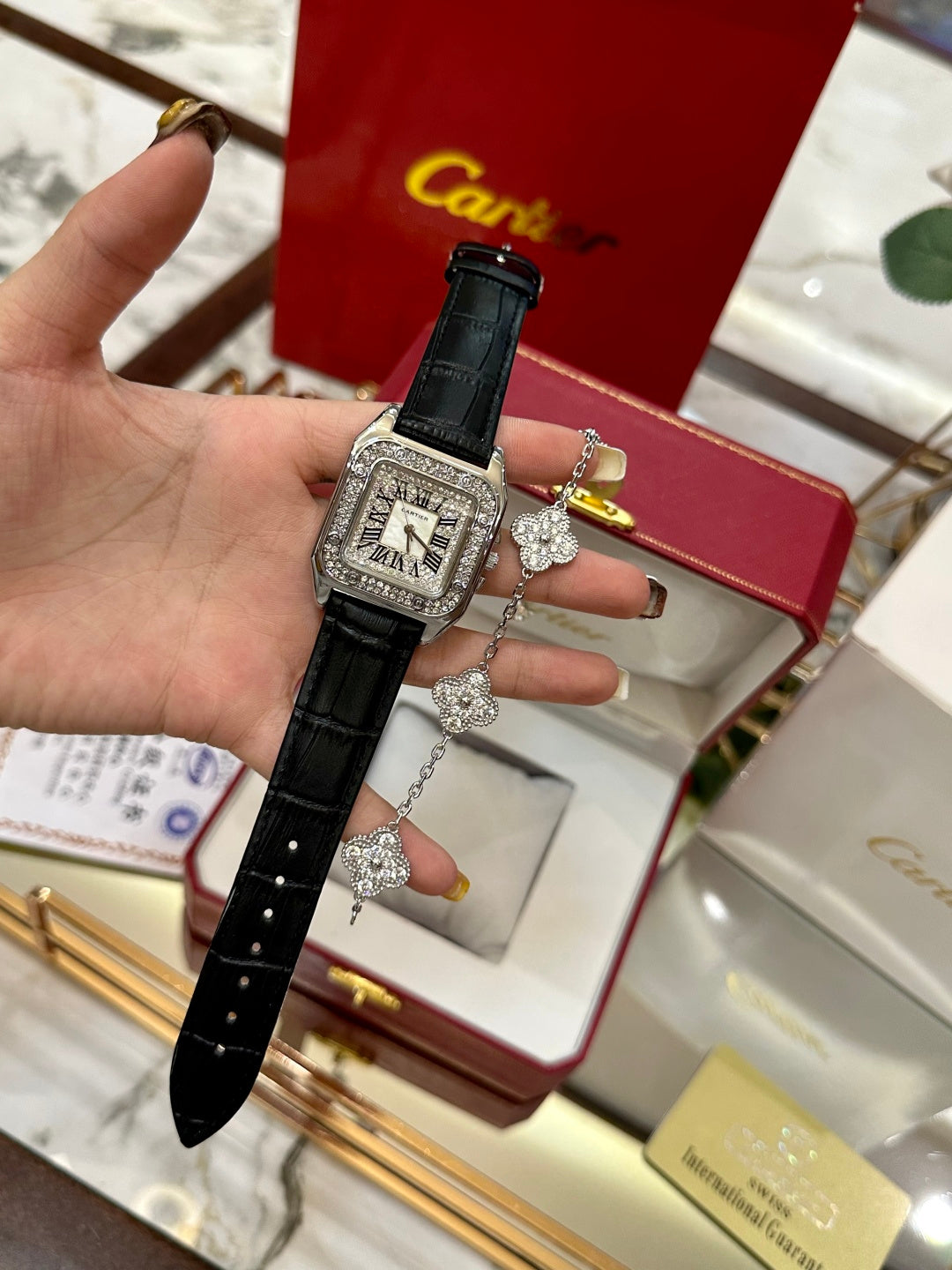Diamond Bezel Leather Watch Set – Silver Edition
