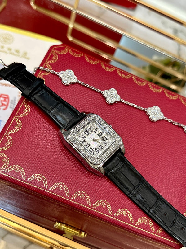 Diamond Bezel Leather Watch Set – Silver Edition