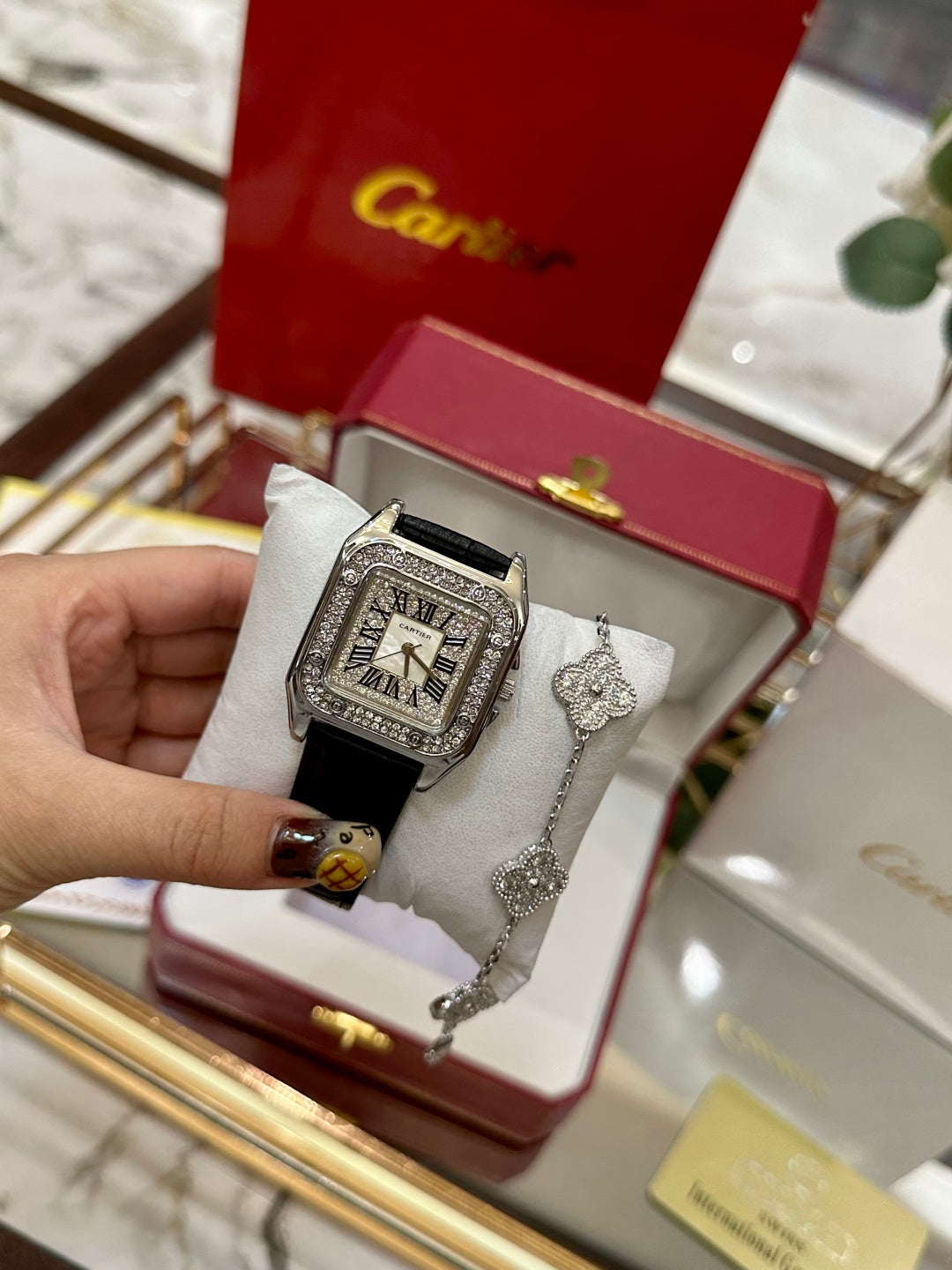 Diamond Bezel Leather Watch Set – Silver Edition