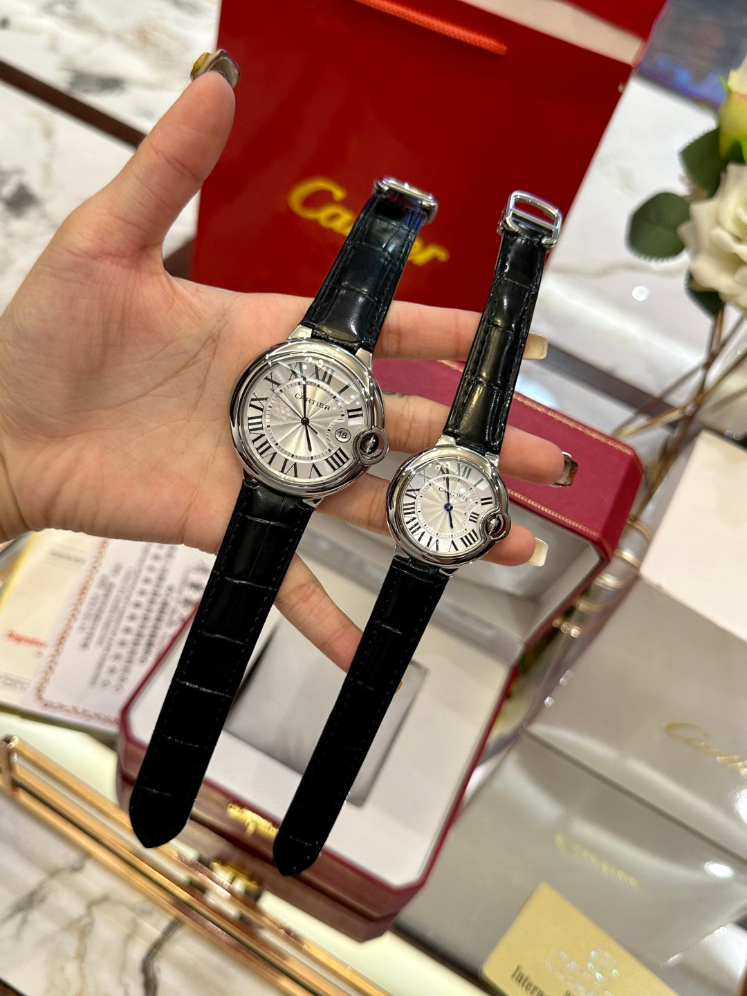 Luxury Couple Classic Leather Watch Set – Black Crocodile Leather
