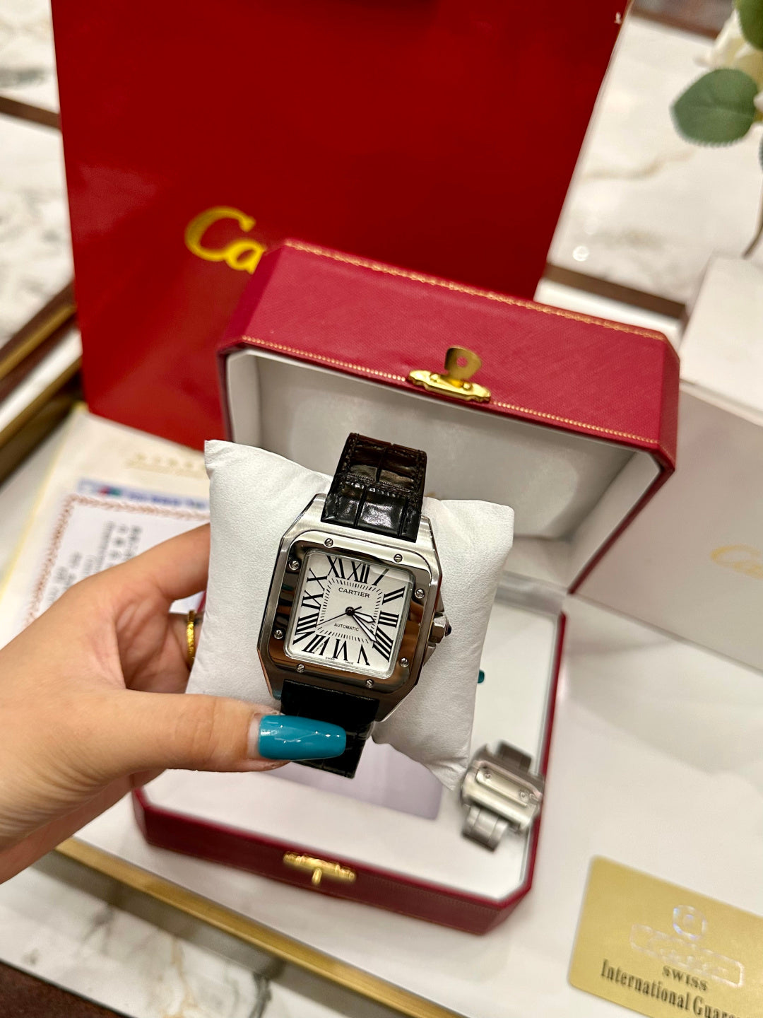 Luxury Santos Leather Watch – Black Crocodile Strap