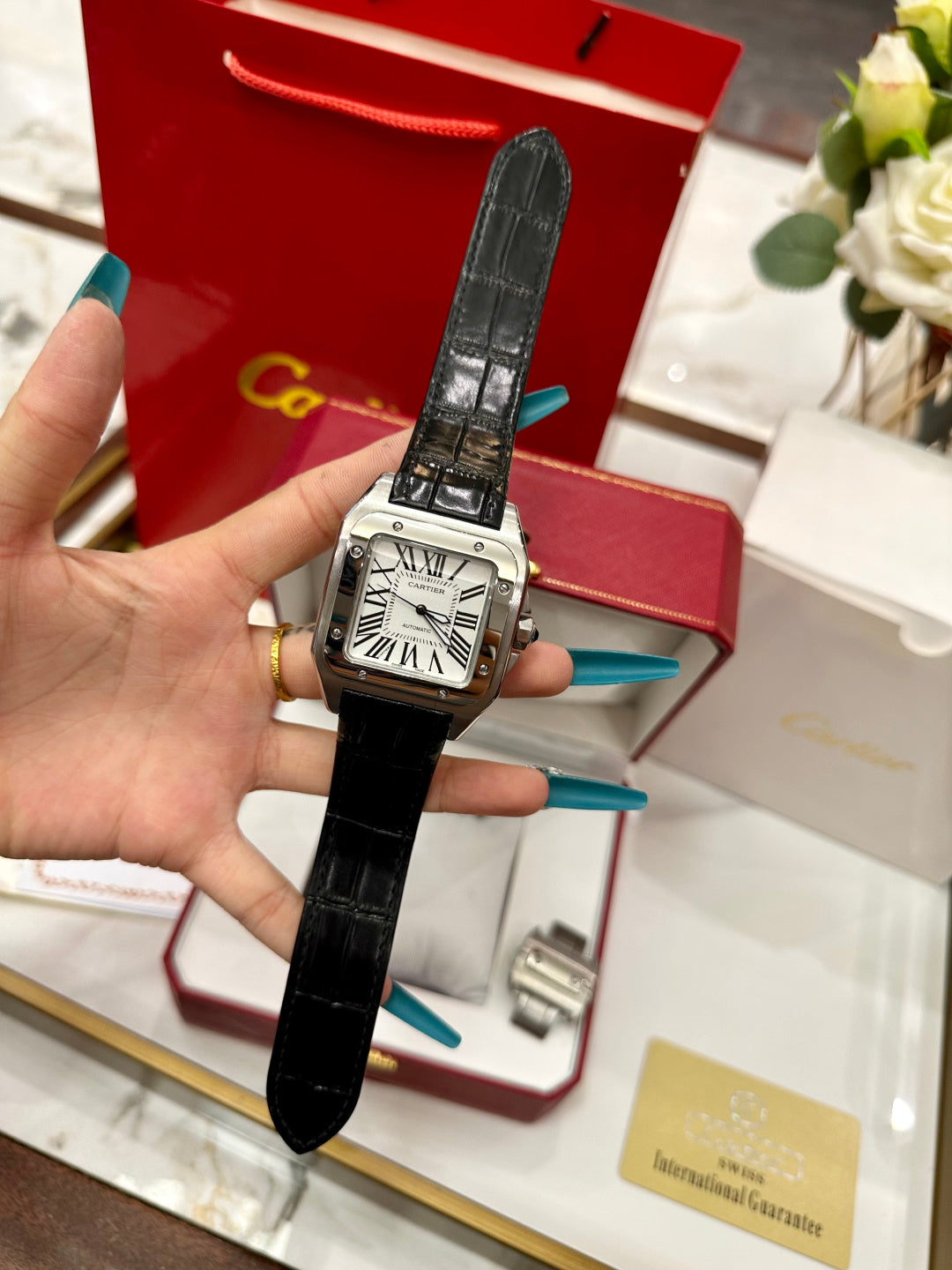 Luxury Santos Leather Watch – Black Crocodile Strap