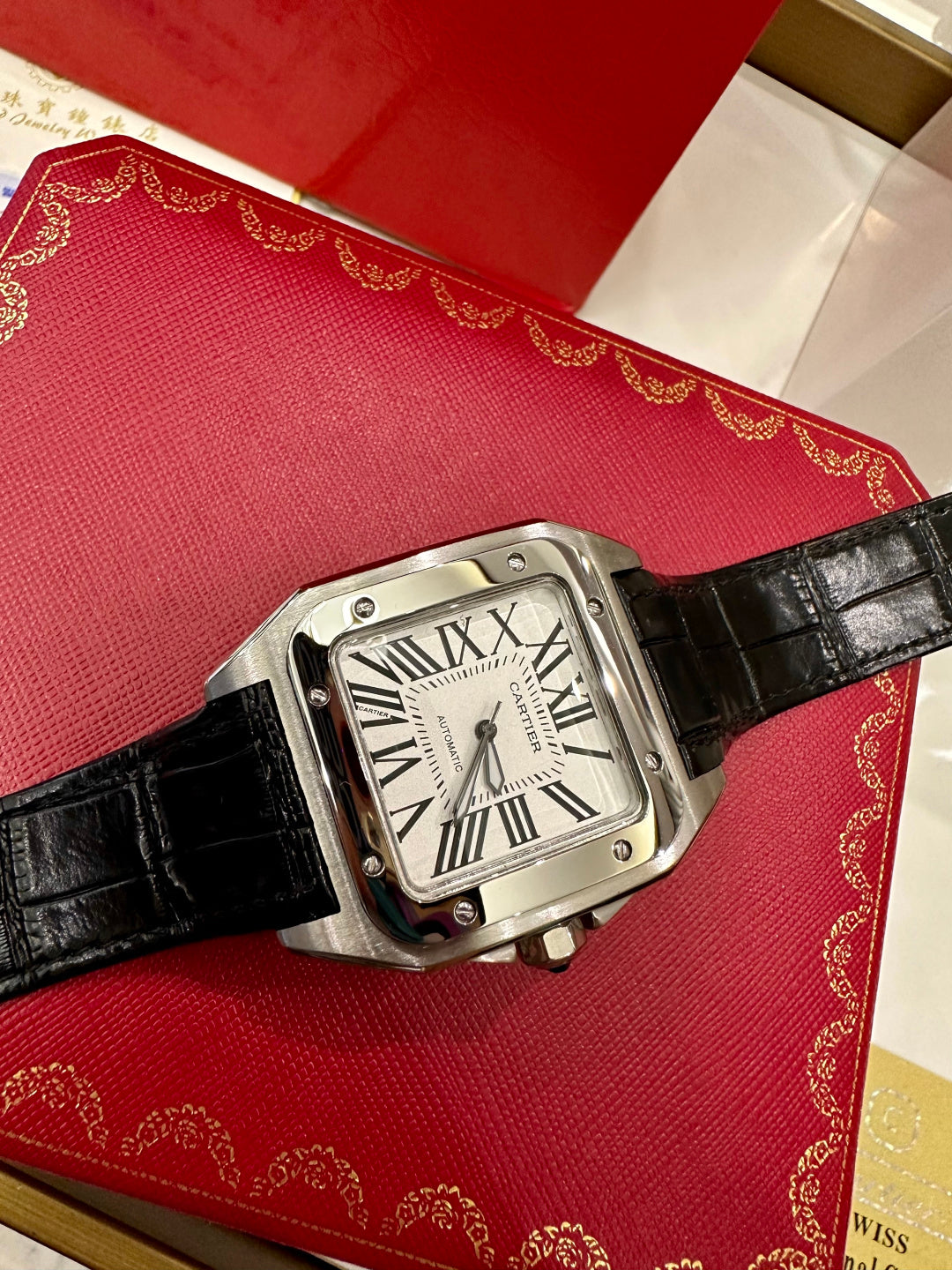 Luxury Santos Leather Watch – Black Crocodile Strap