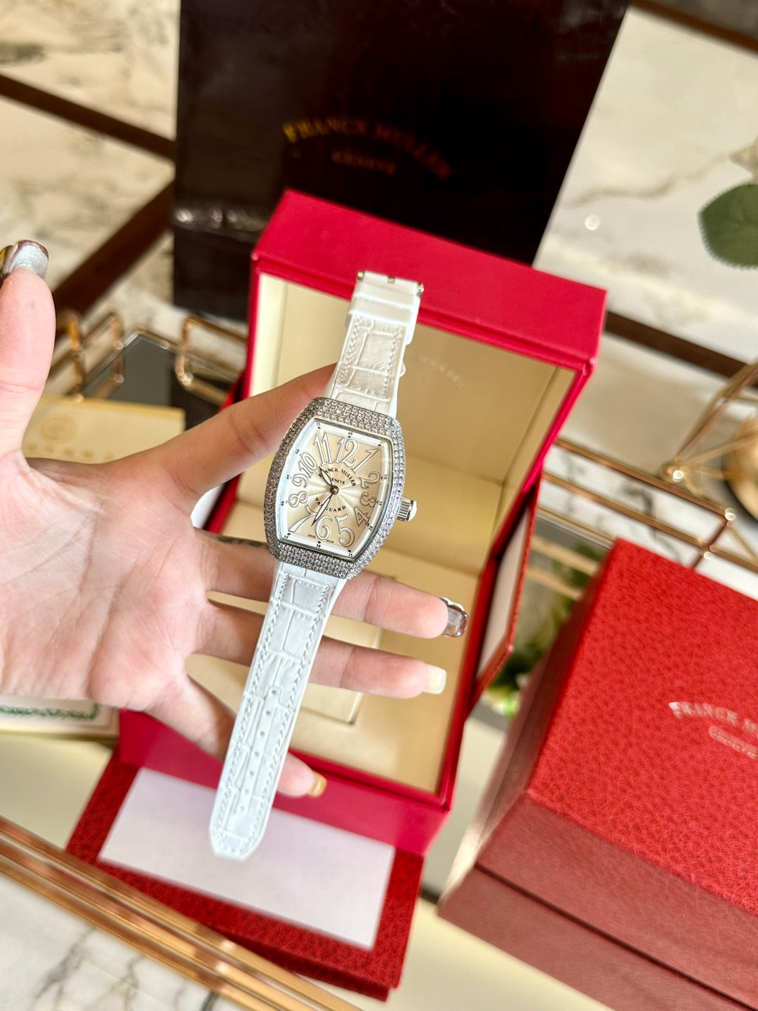 Luxury Vanguard Diamond Watch – White Crocodile Leather