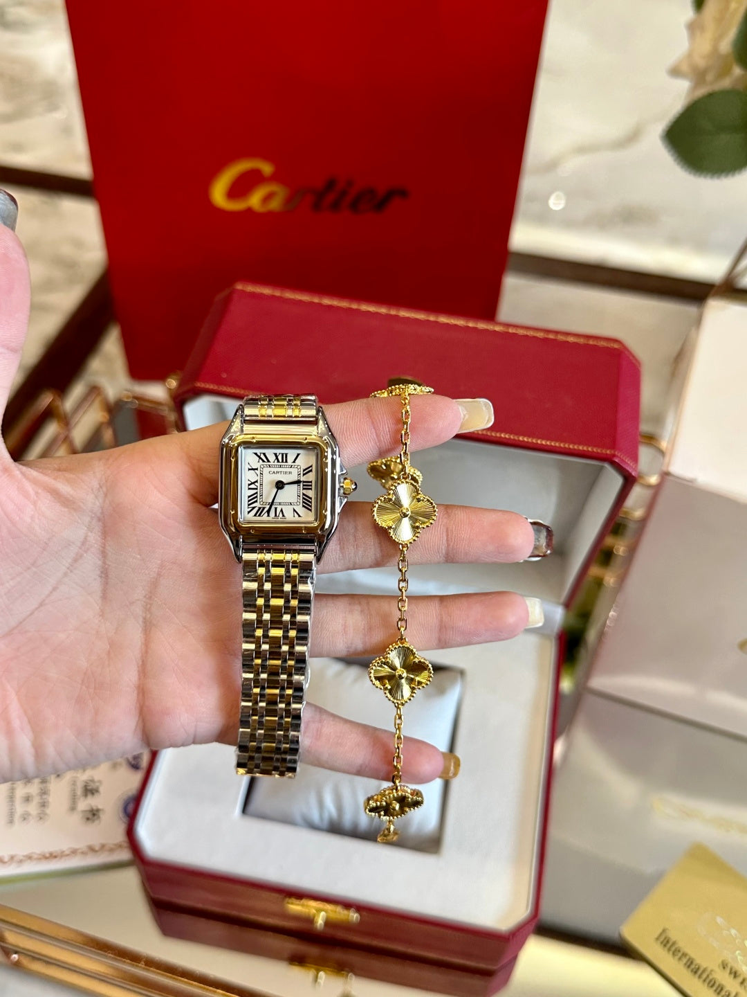 Luxury Panther Square Watch – Silver & Gold Diamond Bezel