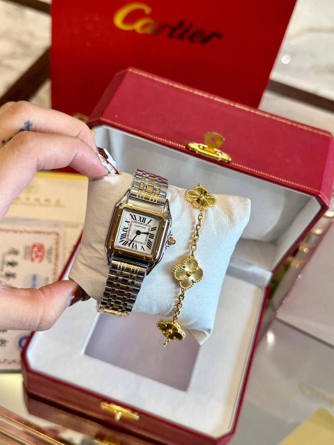 Luxury Panther Square Watch – Silver & Gold Diamond Bezel
