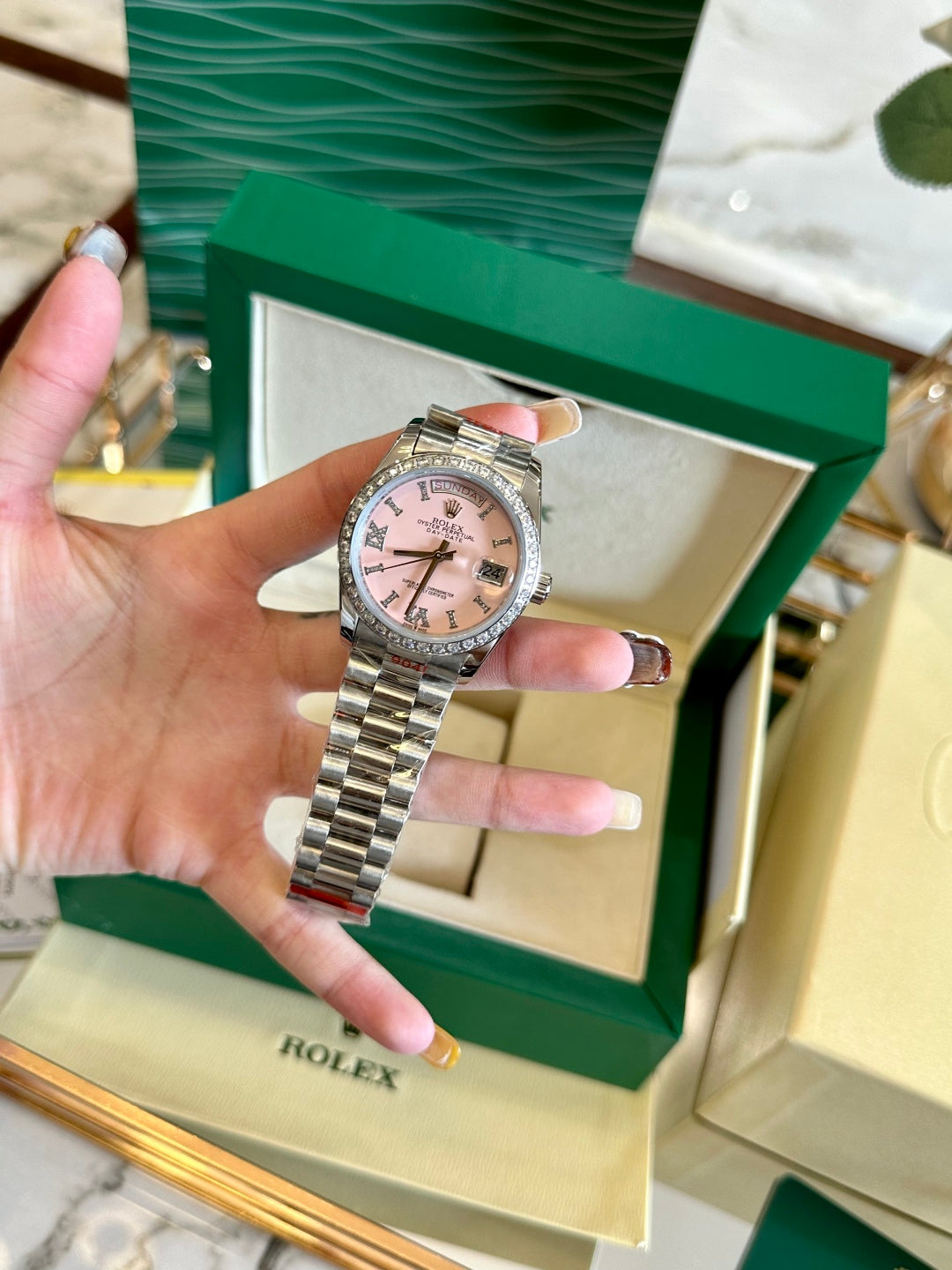 Diamond Day-Date Pink Dial Watch