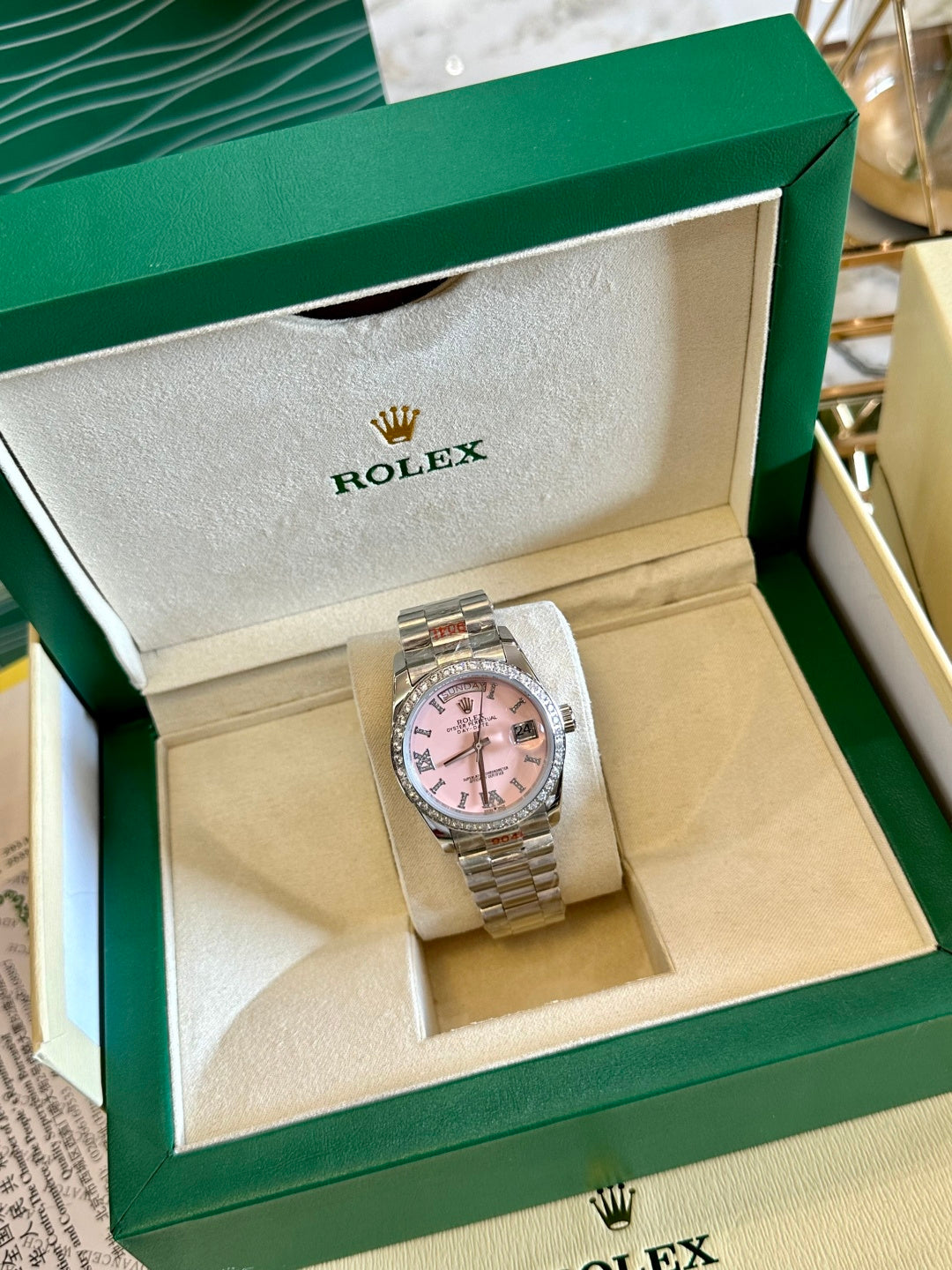 Diamond Day-Date Pink Dial Watch
