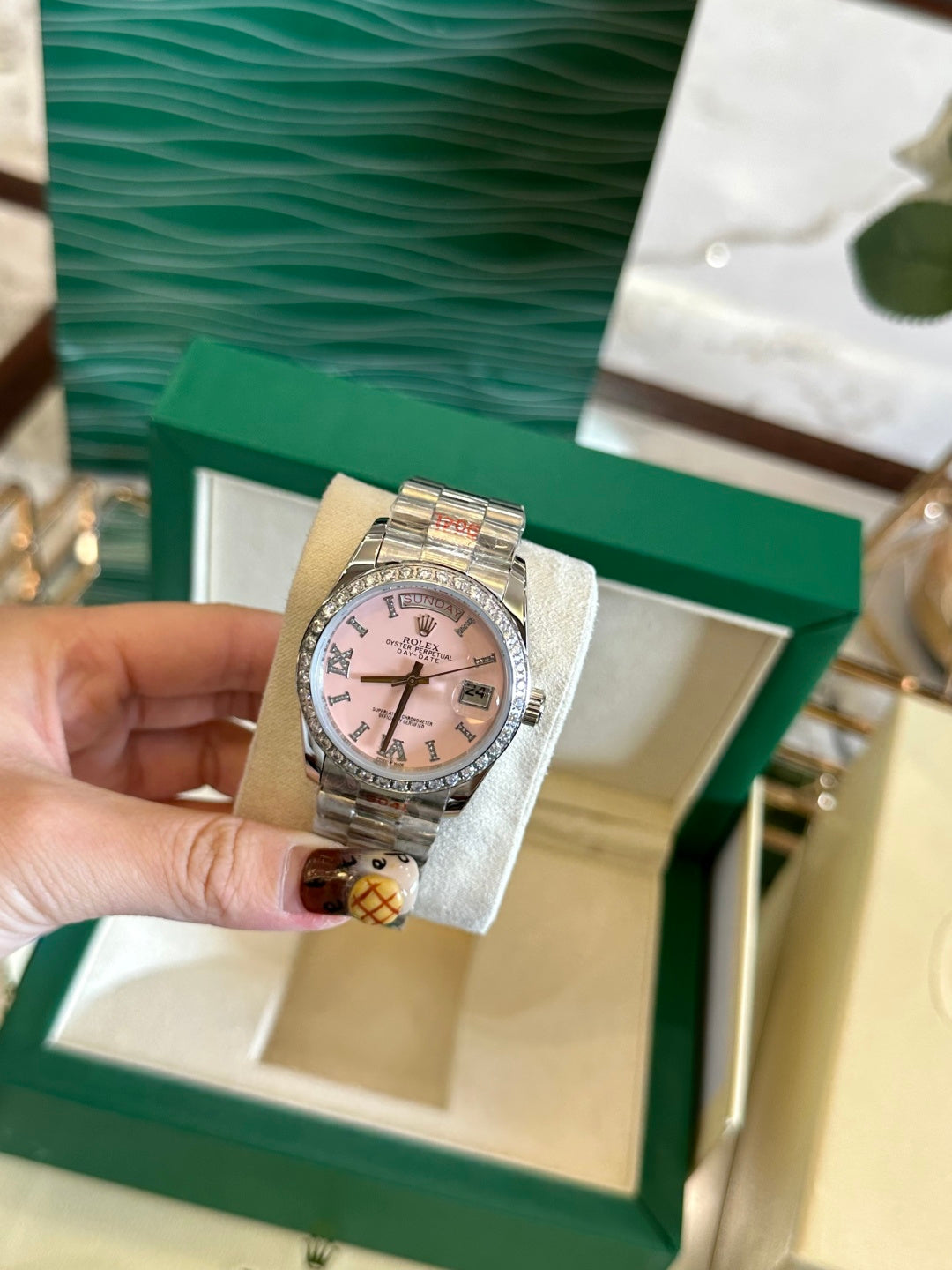 Diamond Day-Date Pink Dial Watch