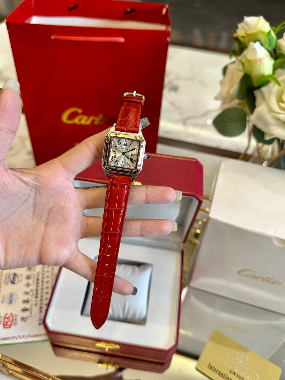Classic Square Leather Watch – Red Alligator Strap