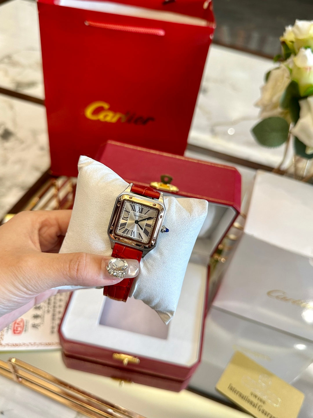 Classic Square Leather Watch – Red Alligator Strap