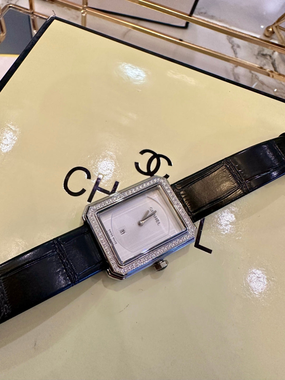 CH Première Diamond White Dial Black Leather Watch