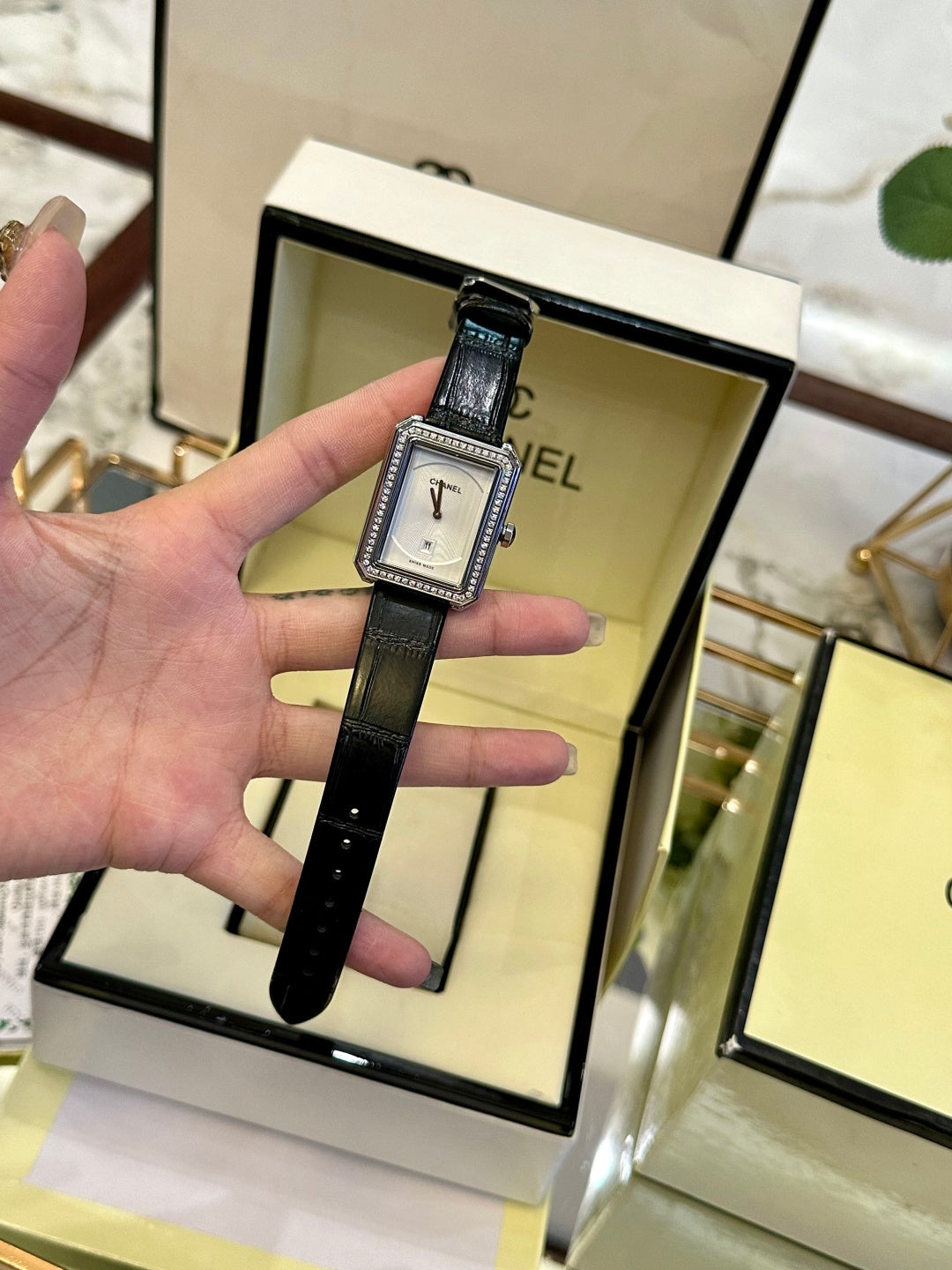 CH Première Diamond White Dial Black Leather Watch