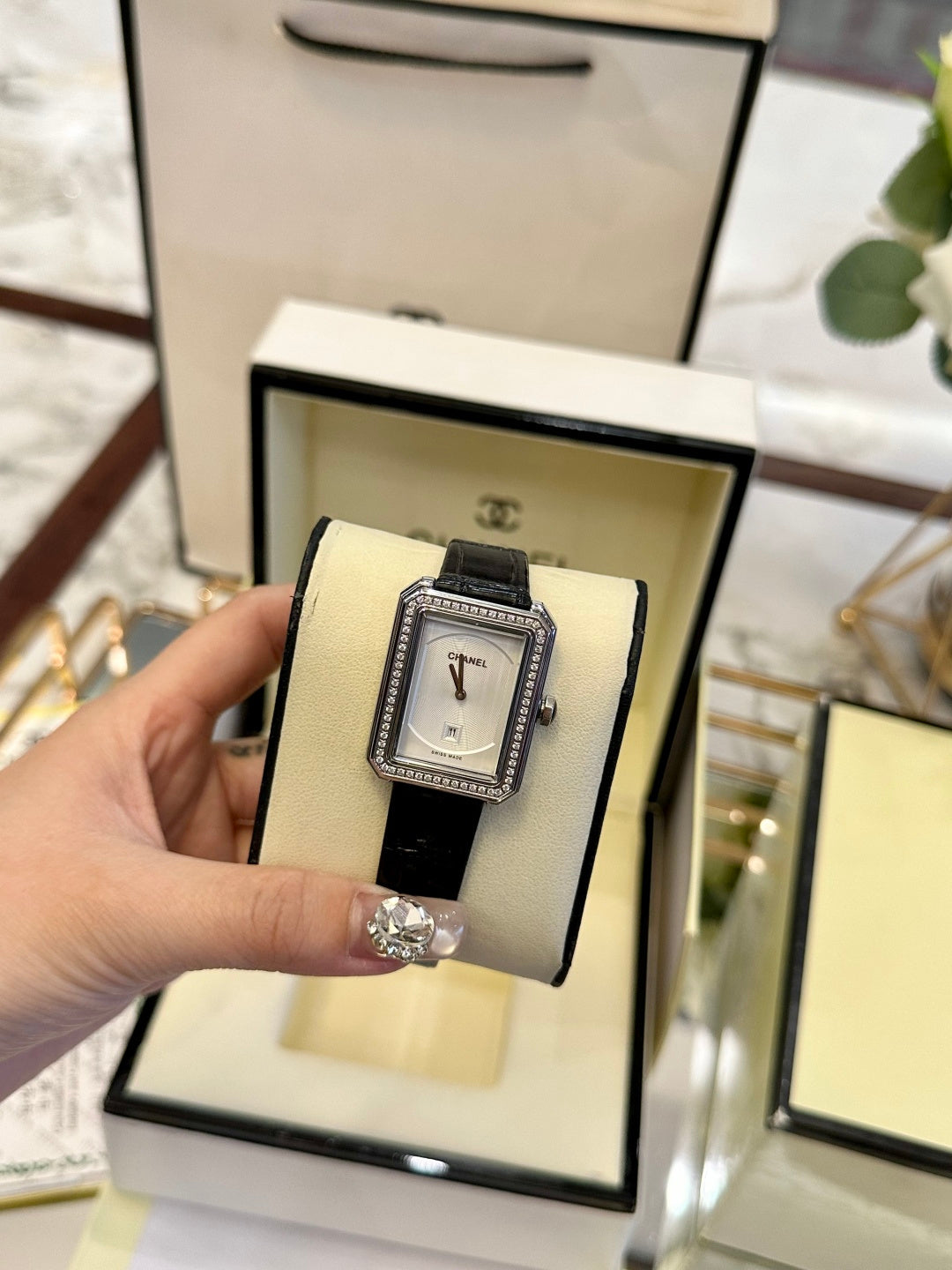 CH Première Diamond White Dial Black Leather Watch