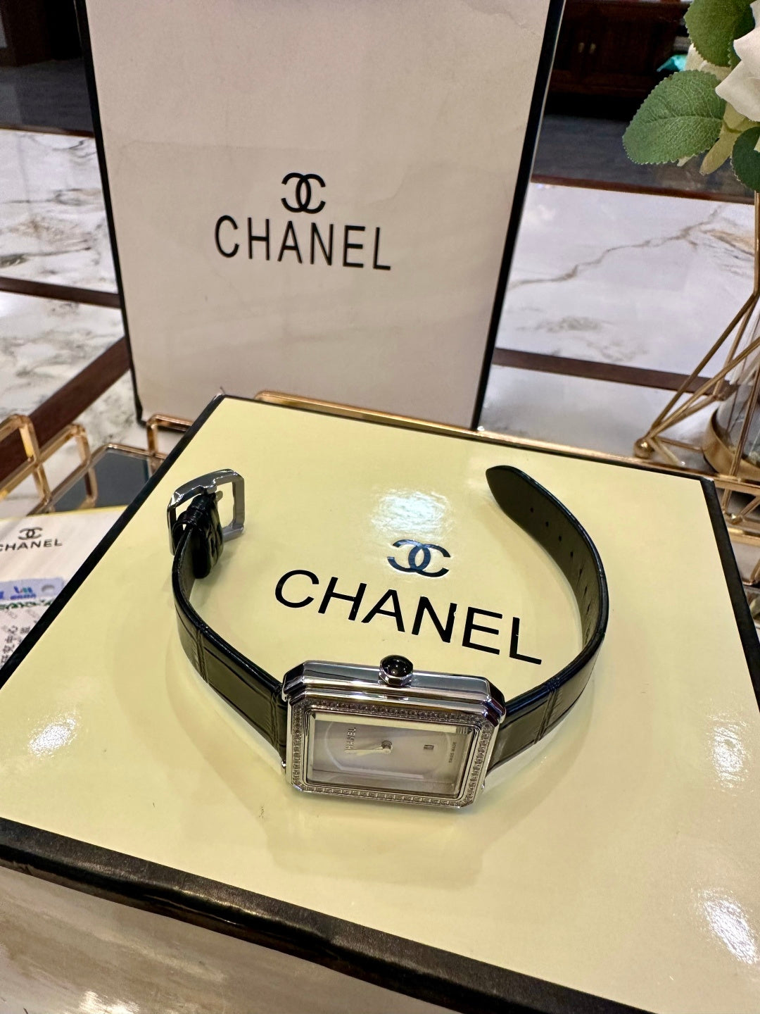 CH Première Diamond White Dial Black Leather Watch