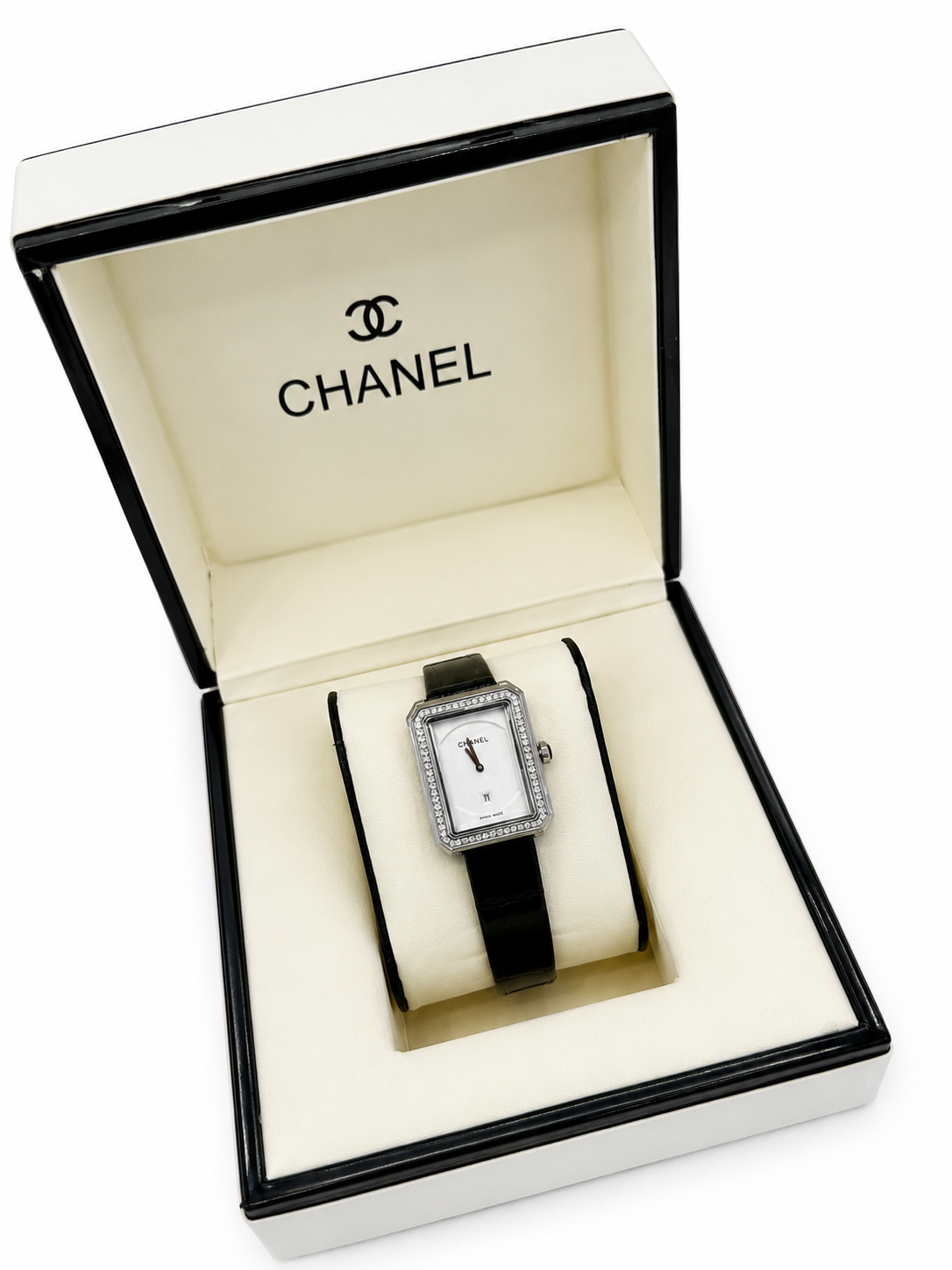 CH Première Diamond White Dial Black Leather Watch