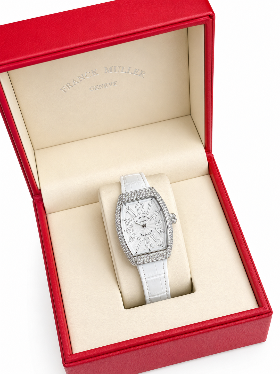 Luxury Vanguard Diamond Watch – White Crocodile Leather