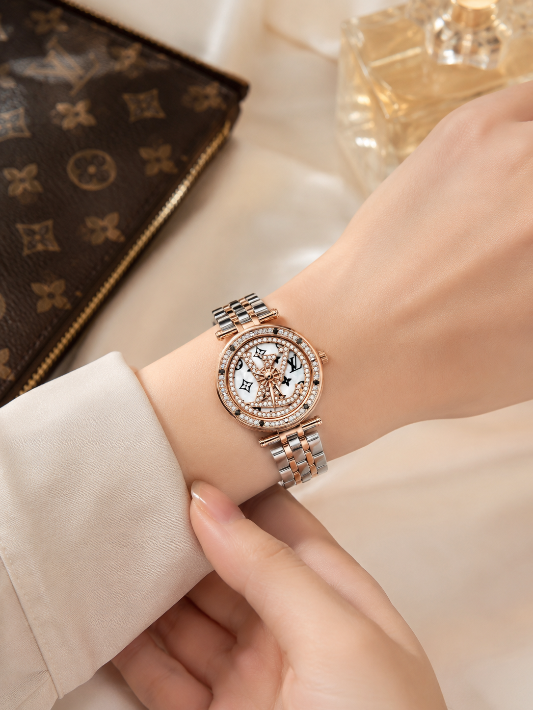 Tambour Monogram Diamond Watch – Rose Gold Two-Tone Bracelet