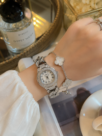 Luxury Crystal Watch & Clover Bracelet Set – Silver Edition