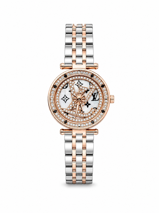 Tambour Monogram Diamond Watch – Rose Gold Two-Tone Bracelet